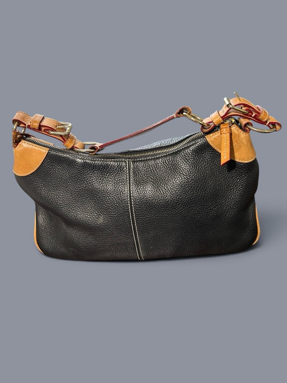 Dooney and Bourke AWL Pebble Leather Black  & Tan Leather Shoulder Bag 14x7